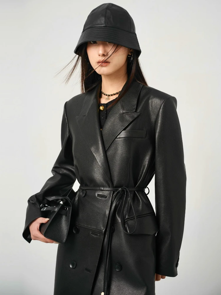 Lace-up Long Genuine Leather Windbreaker Jackets for Women Spring Autumn High-end Simple Soft Black Real Sheepskin Trench Coat