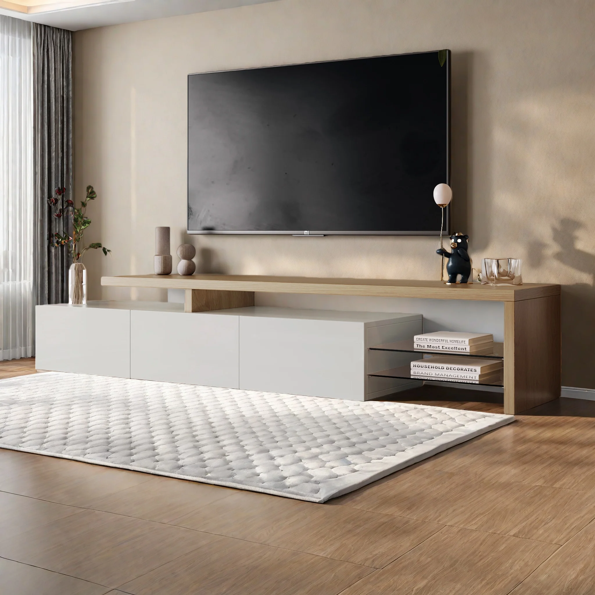 Mueble de TV Moderno Fangange con LED, Mesa de TV con 3 Cajones, Mueble Bajo para TV de Alto Brillo, Mesa Auxiliar para Sala de Estar con Estante de Vidrio