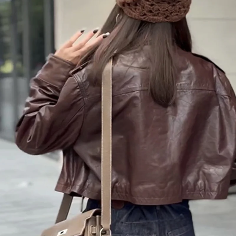 American High Street Sle ort cuero genuino Jaet mujer otoño motocicleta abrigo con Bule Vintage Top irt