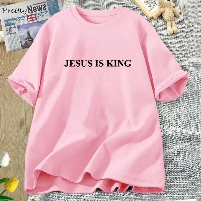 JESUS IS KING Graphic T Shirts Christian Tshirt Sunday Service Religious Faith T-shirt Cotton Short Sleeve Female Clothing Tops