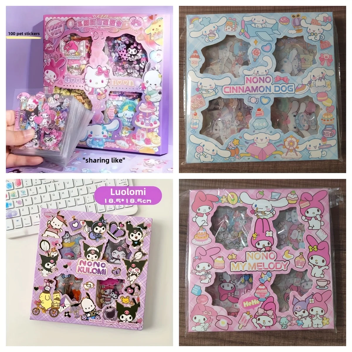 Sanrio Kitty Set di adesivi da 100 pezzi non ripetibili Cinnamoroll Kuromi My Melody Adesivo impermeabile per cancelleria Confezione regalo Regalo di festa