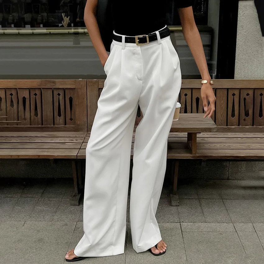 High Waist Wide Leg Pants Women Autumn Fall White Female PleatedTrouser Office Ladies Full Length Loose Pant Streetwear