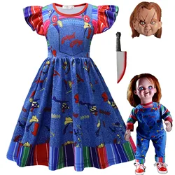 Girls Halloween Costume Ghost Doll Nightmare Clothing Chucky Cosplay Costume Children Carnival Party Princess Dress + Mask Set