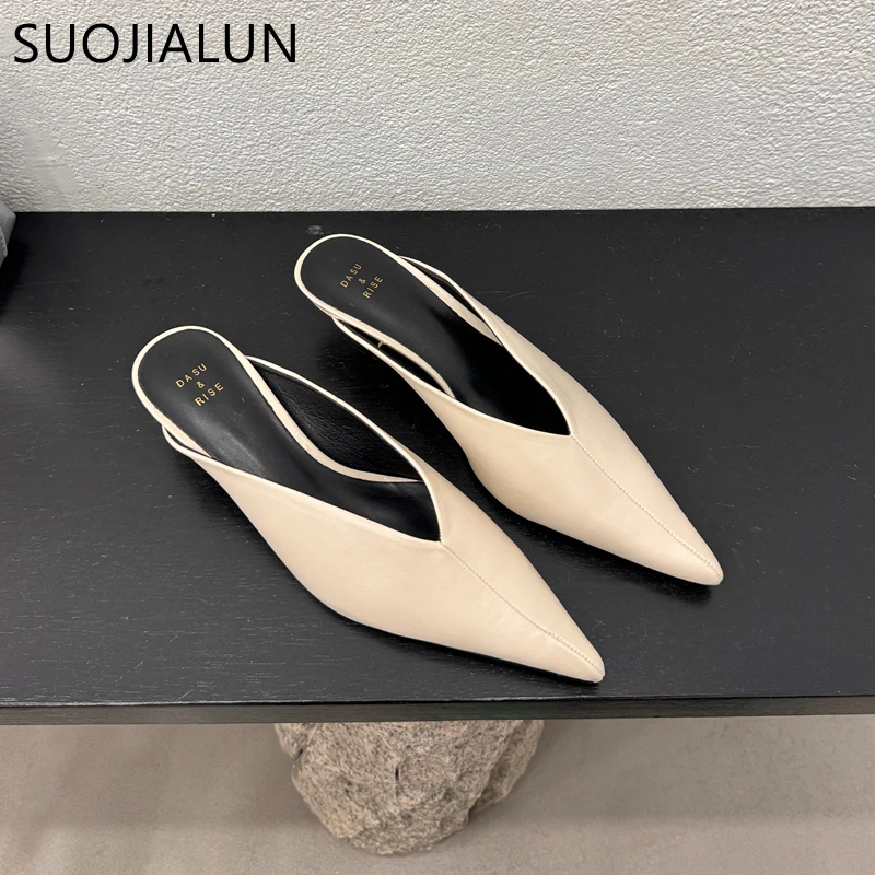 SUOJAILUN 2024 Sping New Brand Women Mules Shoes Fashion Pointed Toe Shallow Slip On Slipper Shoes Thin Low Heel Dress Sandal