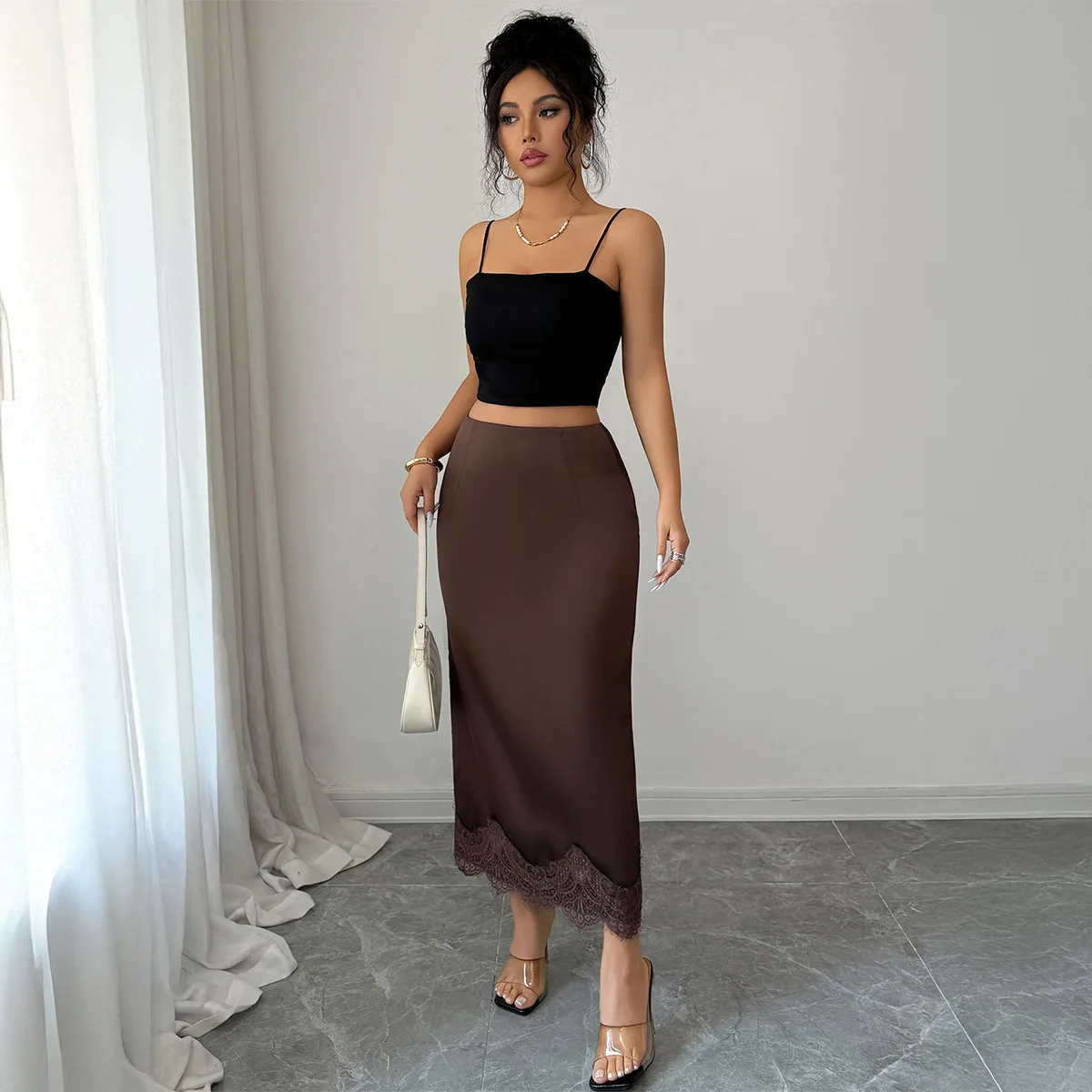 Elegant Satin High-waisted Lace Patchwork Skirt Women's Clothing Spring/summer 2026 Dress Elegant Bandage Y2k、 Maxi Elegant