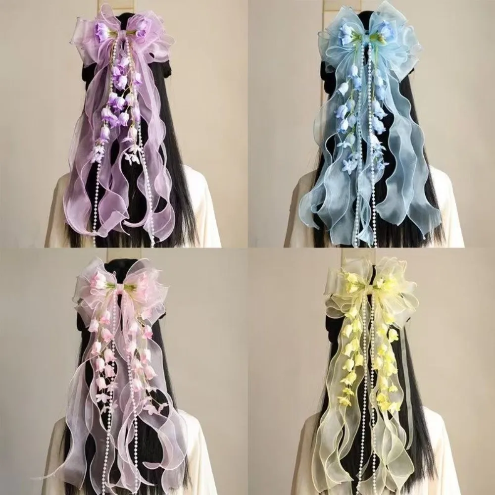 Princess Sweet Fairy Flower Hair Clip Tassel Mesh Lace Bow Duckbill Clip Headpieces Silk Gauze Flower Hairpin Women