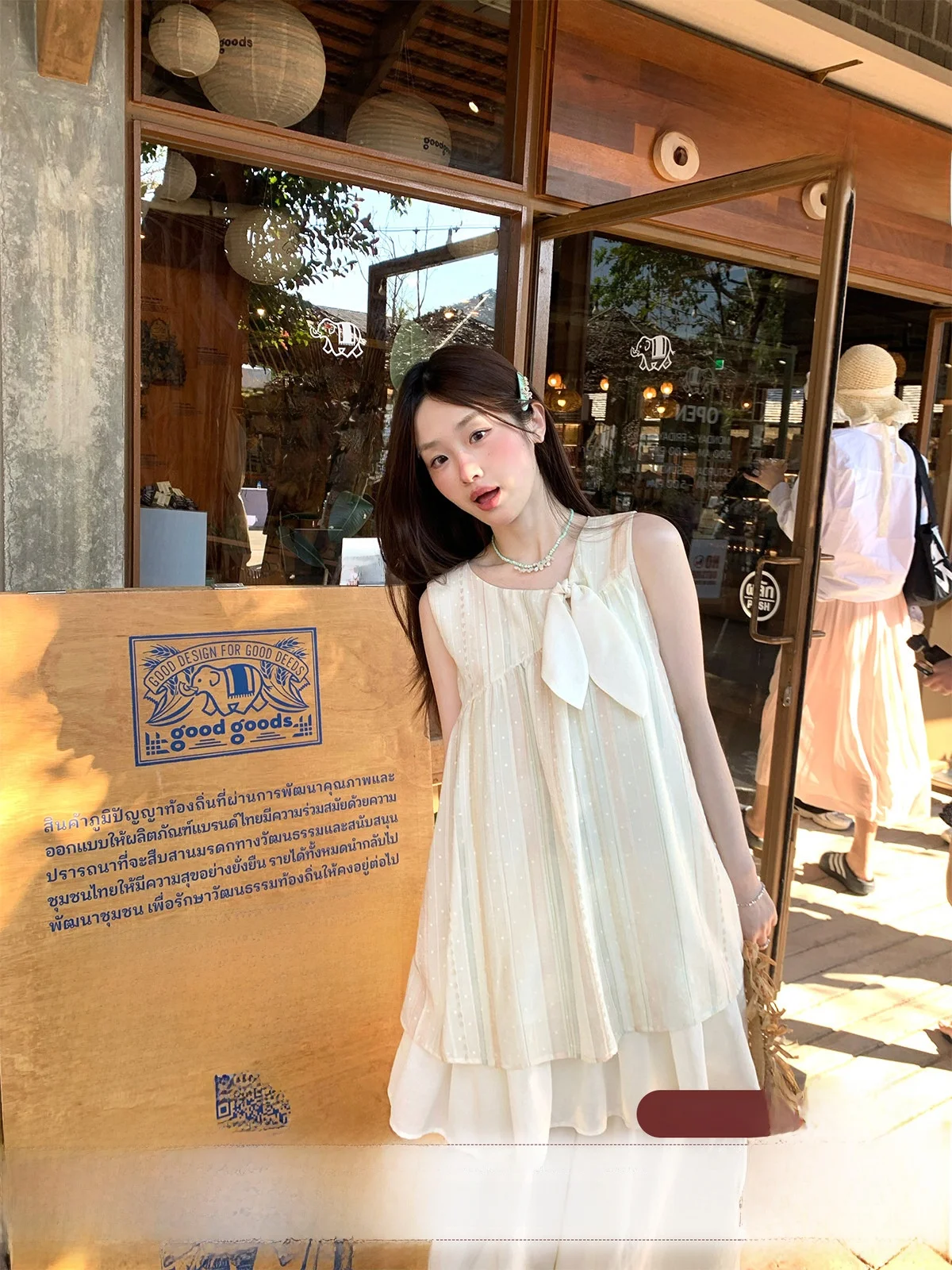 

Sweet Style round Neck Rabbit Ear Vest Dress Women's Lace Splicing Midi Dress Casual Loose Fit Knot Stripe Pattern