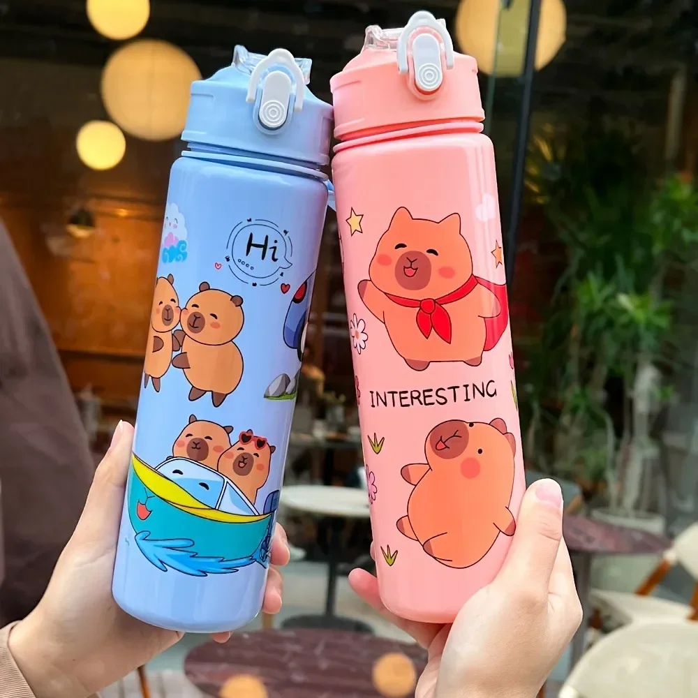 

Cute Capybara Cartoon Straw Water Bottle Leakproof Portable with Woven Carry Rope for Camping Picnics Kids Water Cup