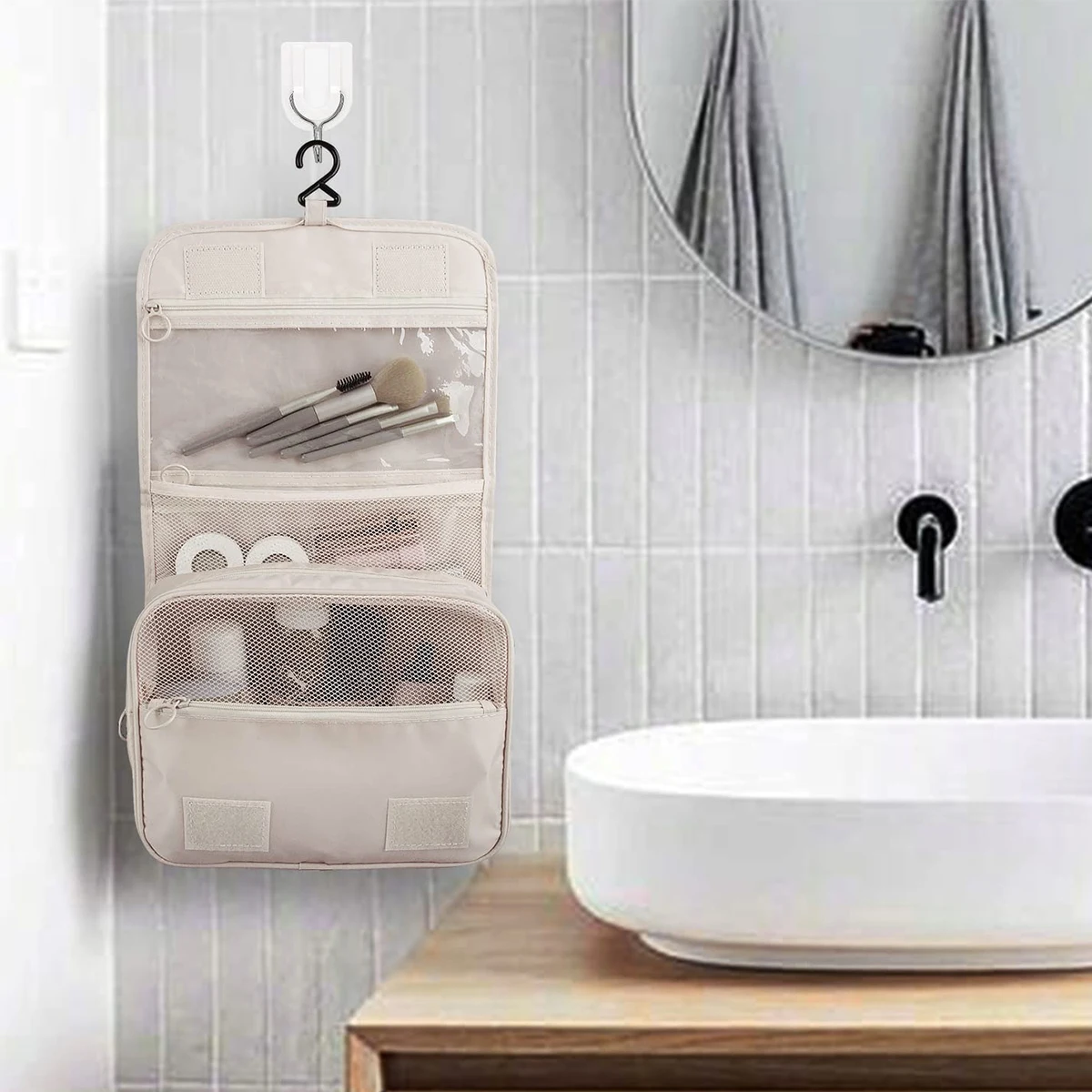 حقائب أدوات الزينة المعلقة للسفر، حقائب مستحضرات التجميل متعددة الوظائف، حقائب تخزين أدوات الزينة، محمولة للسفر الكوري البسيط. A-QKC