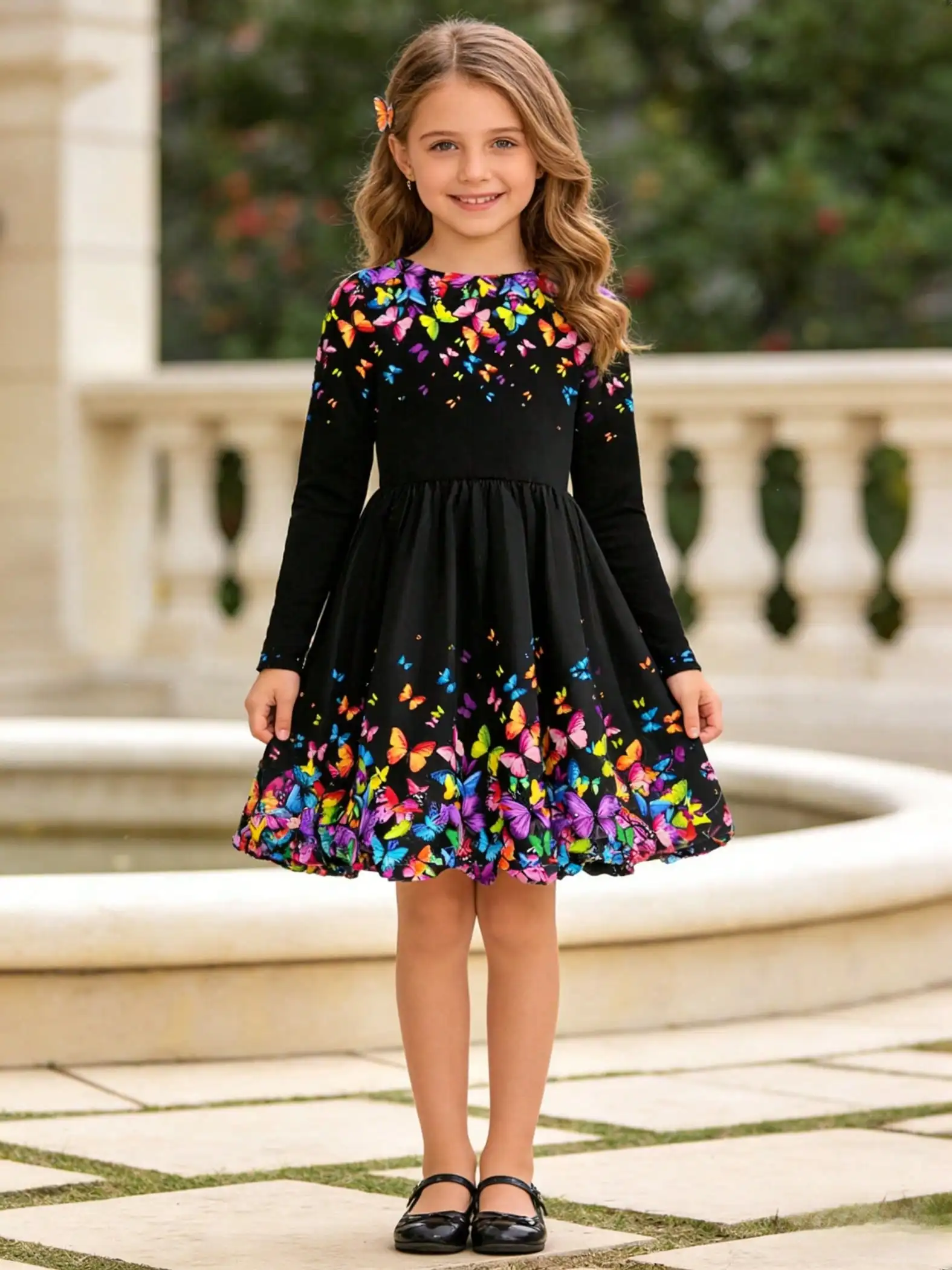 Schwarzes Langarmkleid mit Schmetterlingsmädchen-Motiv, Blumenmuster, Rundhalsausschnitt, Ganzjahres-Freizeitkleid – Detail 4