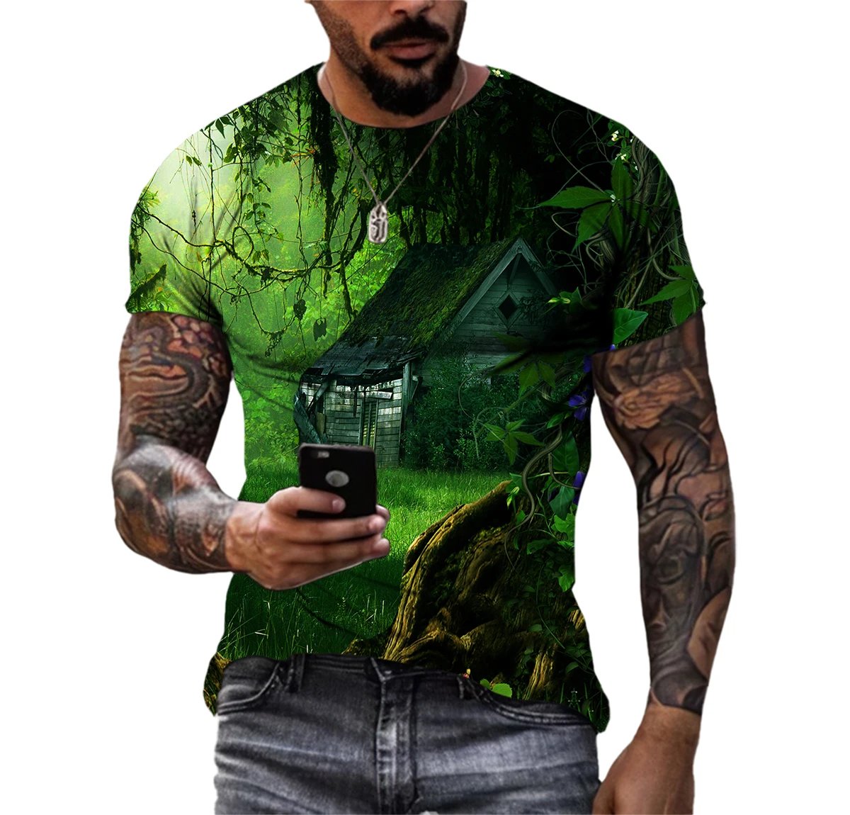 Romantic Magic Forest 3D Printing Pattern Casual Hip Hop Harajuku Personality Round Neck Large Men's T-shirt Short Sleeve Top