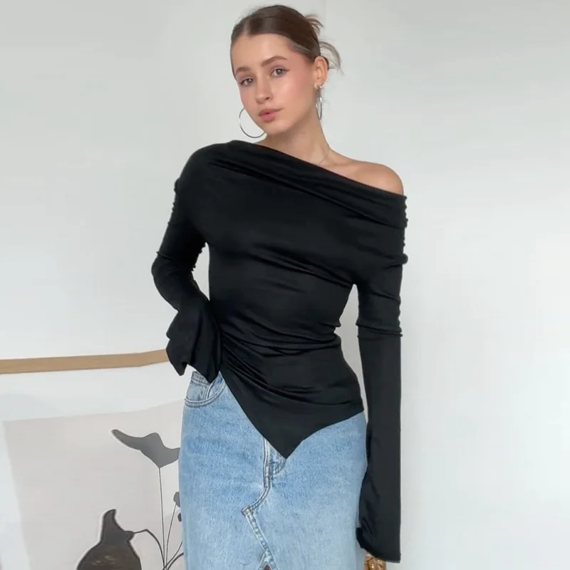 

Blifanbo Модная футболка нестандартной формы с рюшами, женский сексуальный облегающий топ с длинными рукавами, однотонная уличная одежда, женская одежда, новинка осени и зимы