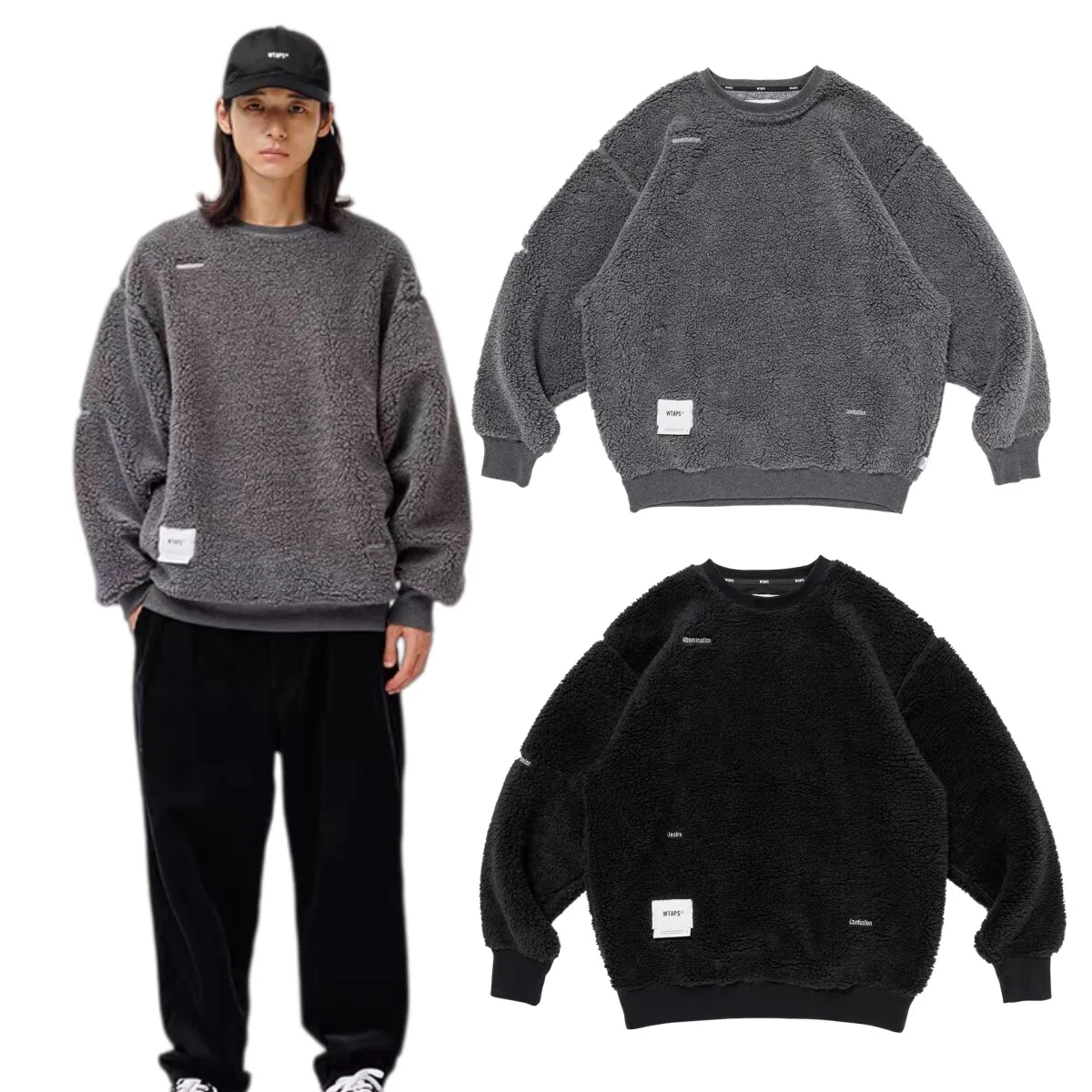 WTAPS Japanese Vintage Crew Neck Sweatshirt Men Women Loose Fit Lamb Fleece Pullover Sweater Casual Warm Winter Streetwear Top
