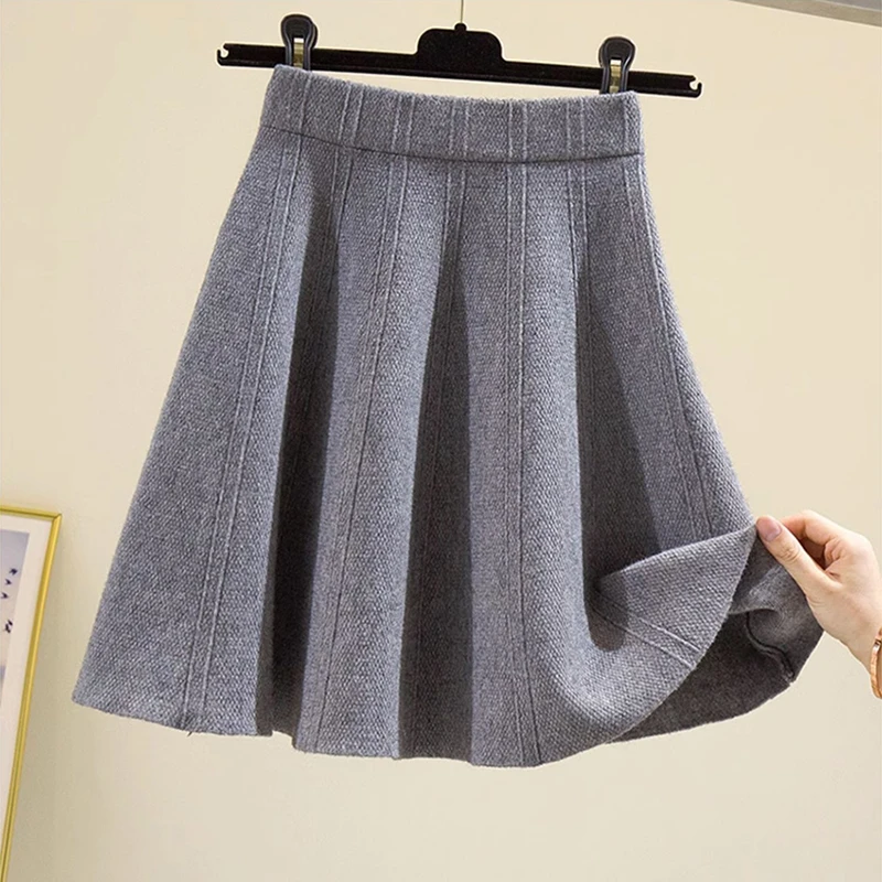 النساء الشتاء الدافئة محبوك التنانير الصغيرة شعبية الكورية قصيرة مطوي تنورة Preppy نمط عالية الخصر الحياكة التنانير للمرأة