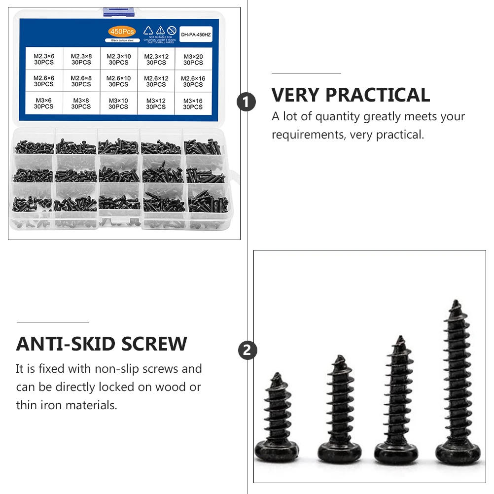 

450pcs Self Screws Set Durable Carbon Steel Fixing Screws Round Head Fixing for Storage