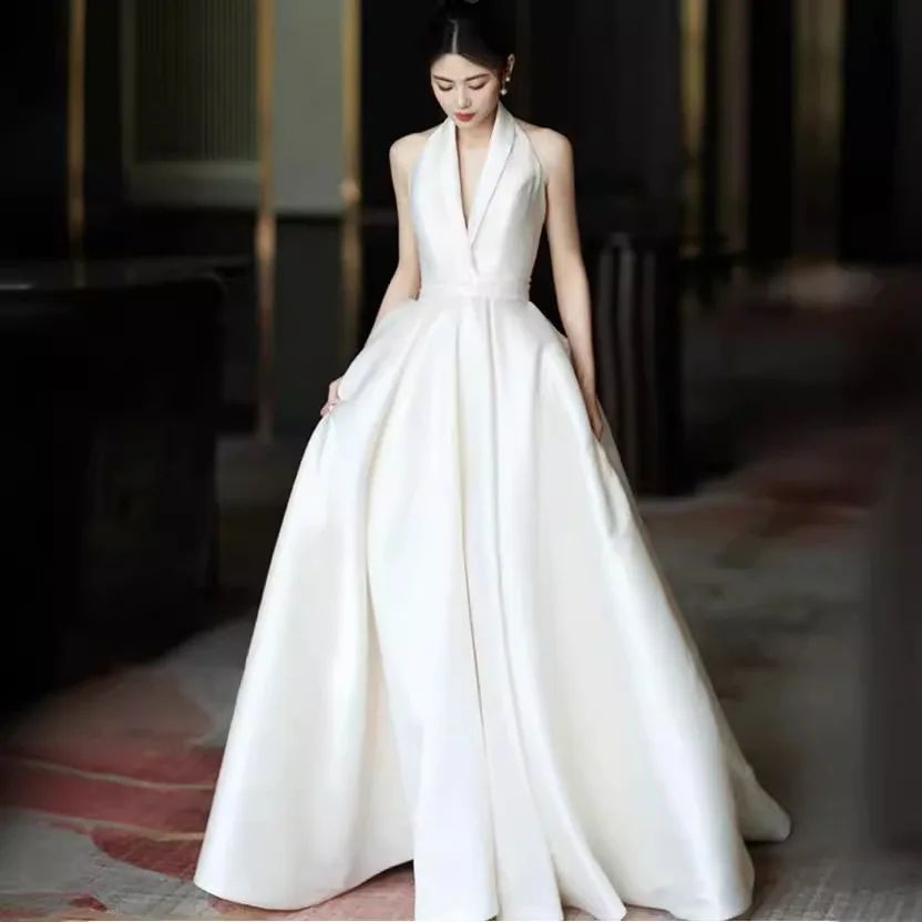 PJN NEW Halter Backless Wedding Dress Bride Luxury White Satin Reception Snapshot Dresses Women Formal Long Evening Party Dress