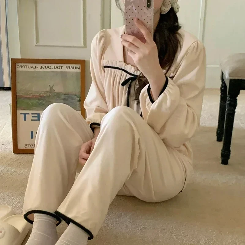 Panelled Pajama Sets Women Simple Fashion Sleepwear Tender Casual Loose Home Spring Autumn Comfortable Lounge Pijama Mujer Soft