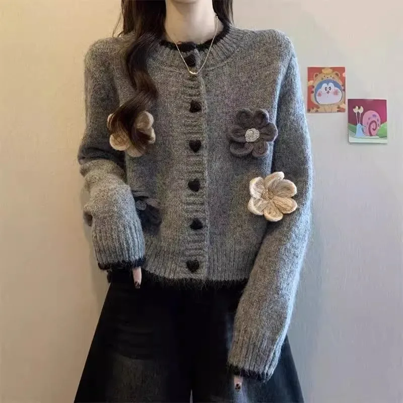 Cardigan Women Coats Vintage Round Neck Floral Jackets Full Sleeve Y2k Streetwear Elegant Knit Open Stitch Autumn Winter 2026
