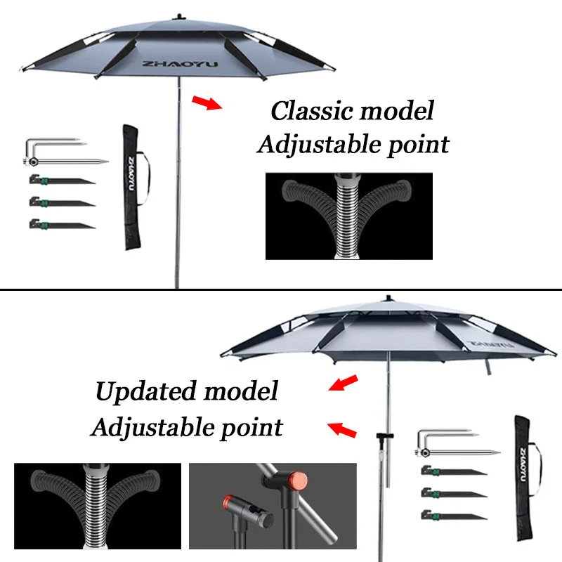 Fishing Umbrella with 360° Adjustment Summer Sun Protection Double Layer Shading Large Umbrella Anti-UV Outdoor Parasol 2-2.6M