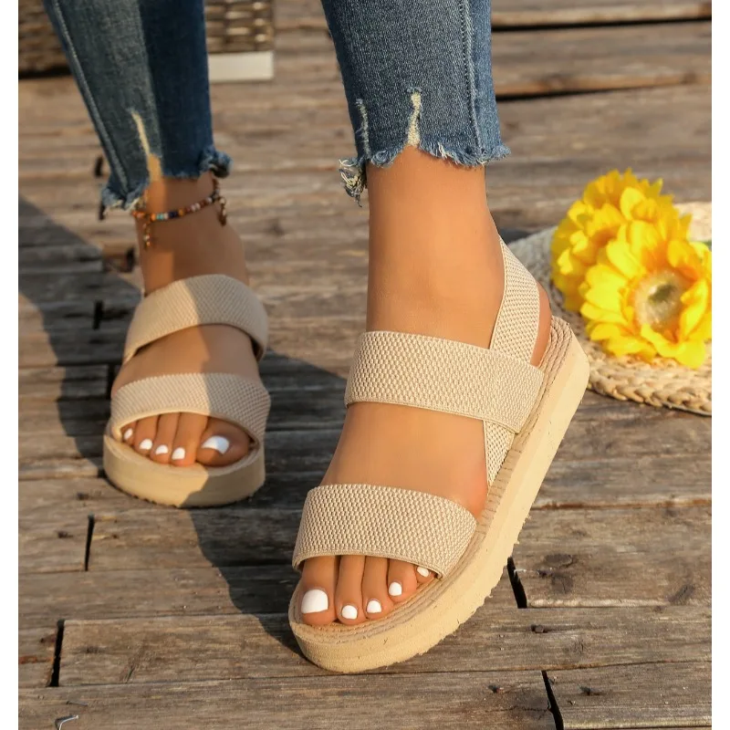 Women's Minimalist Wedge Sandals Open Toe Thick Soled Platform Casual Sandals Ankle Strap Slingback Sandals Solid Color