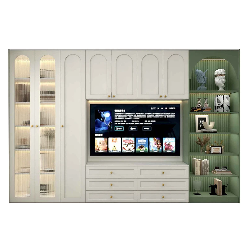 

French living room solid wood background wall integrated high cabinet