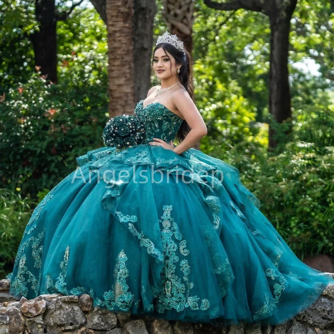 Angelsbride Emerald Green Tiered Ball Gown Quinceanera Dresses With Appliques Sleeveless Vestidos De 15 Años Quinceañeras