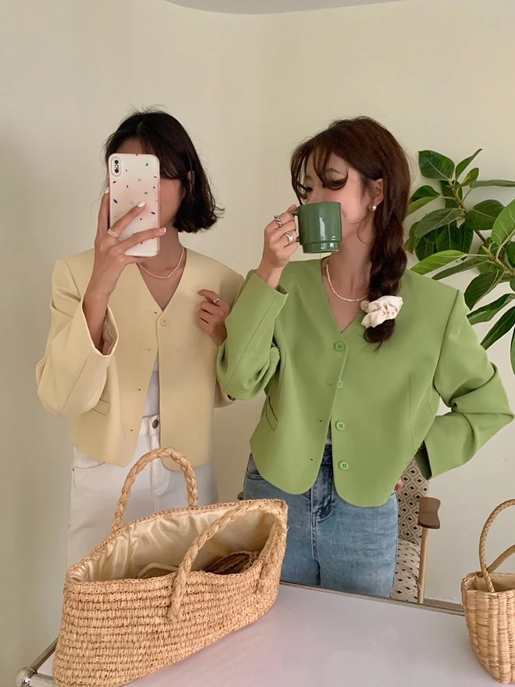 

Korean Sle V-Ne Slim Fit ort Suit Jaet Women's Faionable Casual Polyester Long Sve ket Detail Commute Sle