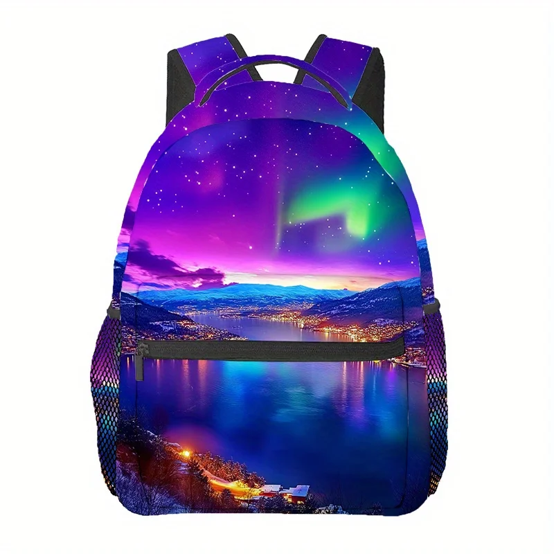 

Aurora Snow Mountain Print Backpack - Vibrant Northern Lights Design, Durable Polyester, Adjustable Padded Shoulder Straps