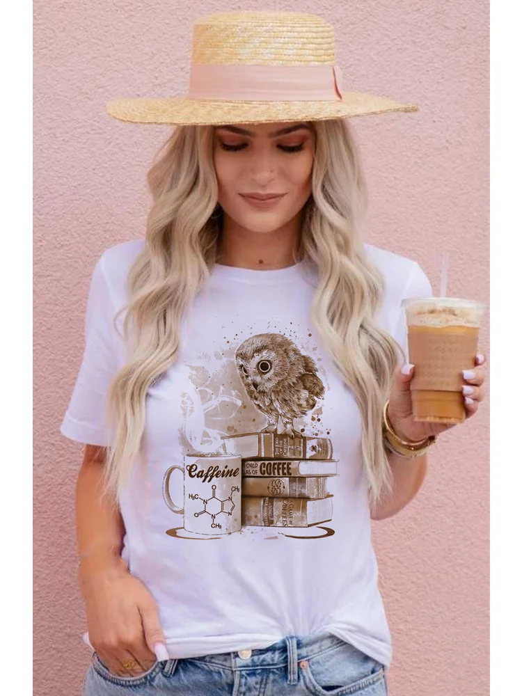 

Fashion Women Summer T-shirt with Vintage Owl Design Short Sleeve T Shirt Coffee Casual Tops Cute Female Tees Camisetas Mujer