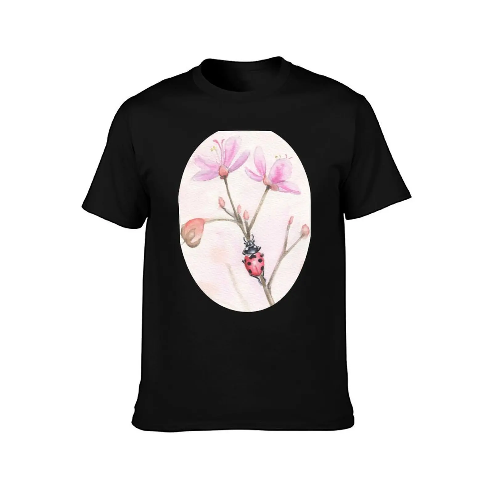 Ladybug on pink blossoms T-Shirt, Summer Casual Cotton Tee, Oversized Streetwear Tops, Vintage Graphic Print, Unisex Men Women