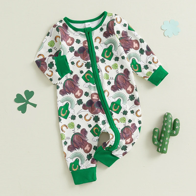 St Patrick s Day Shamrock Green  Lucky Clover Print Infant Romper for Baby Boy Girl Adorable Outfit for Irish Celebration