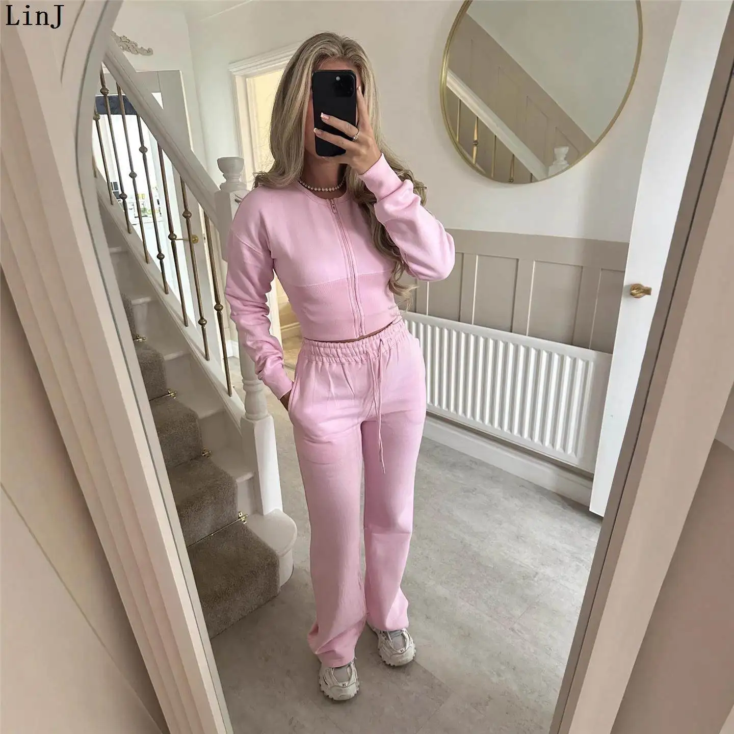 

Fashionable Casual Pure Color Zipper Straight Leg Pants Set for Women Autumn Winter New Arrival Sexy Lady Suit European Style