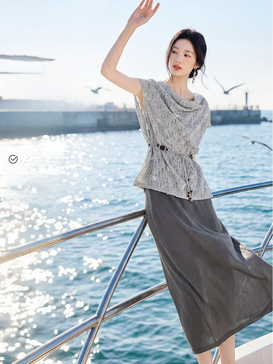 

Ele Flower Knitted Set Women's Summer Unique Sle Hollow Texture Strap Dr Two-Piece Set Faionable Ensemble