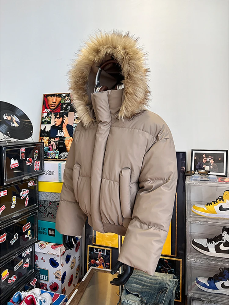 

Retro American Men's Cotton Jaet Autumn Winter Faionable PU Leather Surface Detachable Hat Fur Collar Casual Outerwear