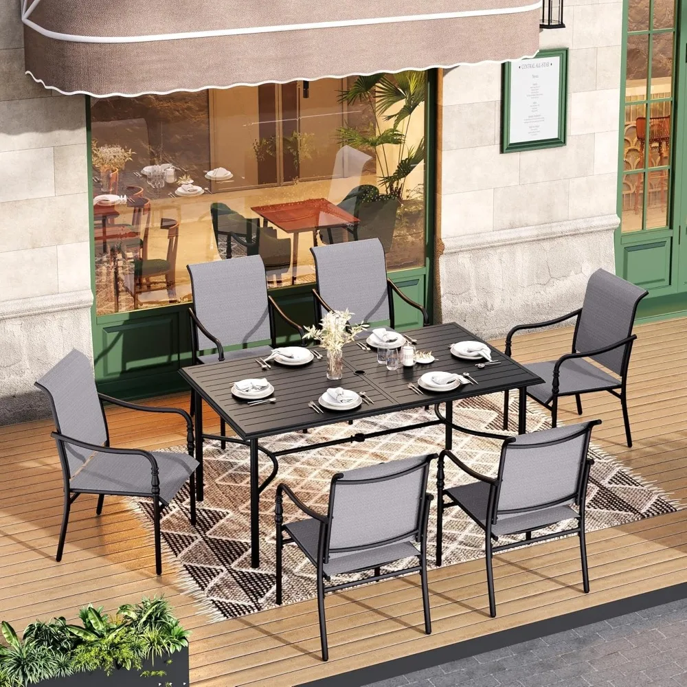 Juego de comedor al aire libre, mesa rectangular de metal de 67" con elegantes sillas con reposabrazos para jardín, patio trasero, juego de comedor al aire libre de 7 piezas