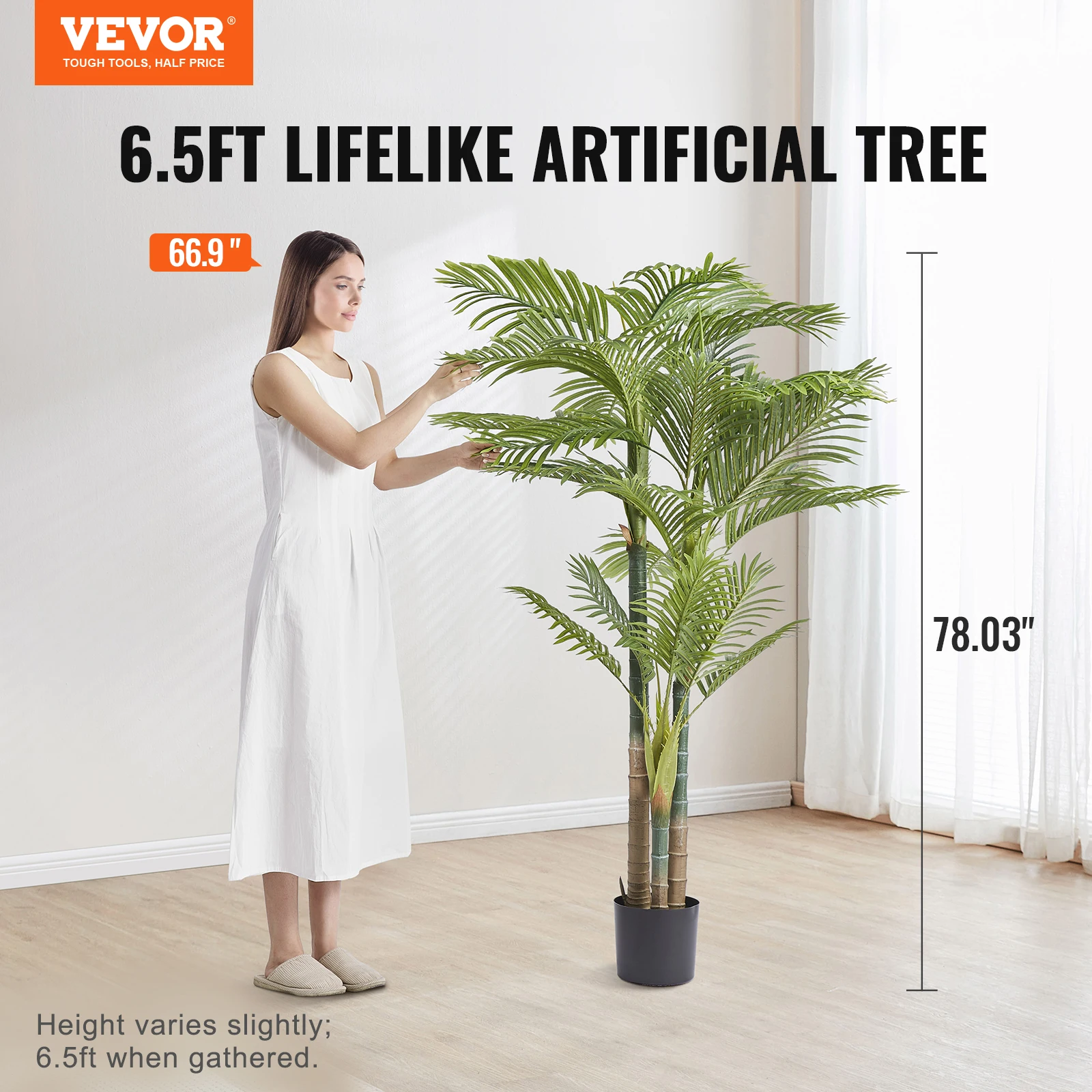 VEVOR Artificial Gold Cane Palm Tree Anti-Tip Tilt Low-Maintenance Plant Indoor Lifelike Green Fake Tree for Home Office Decor