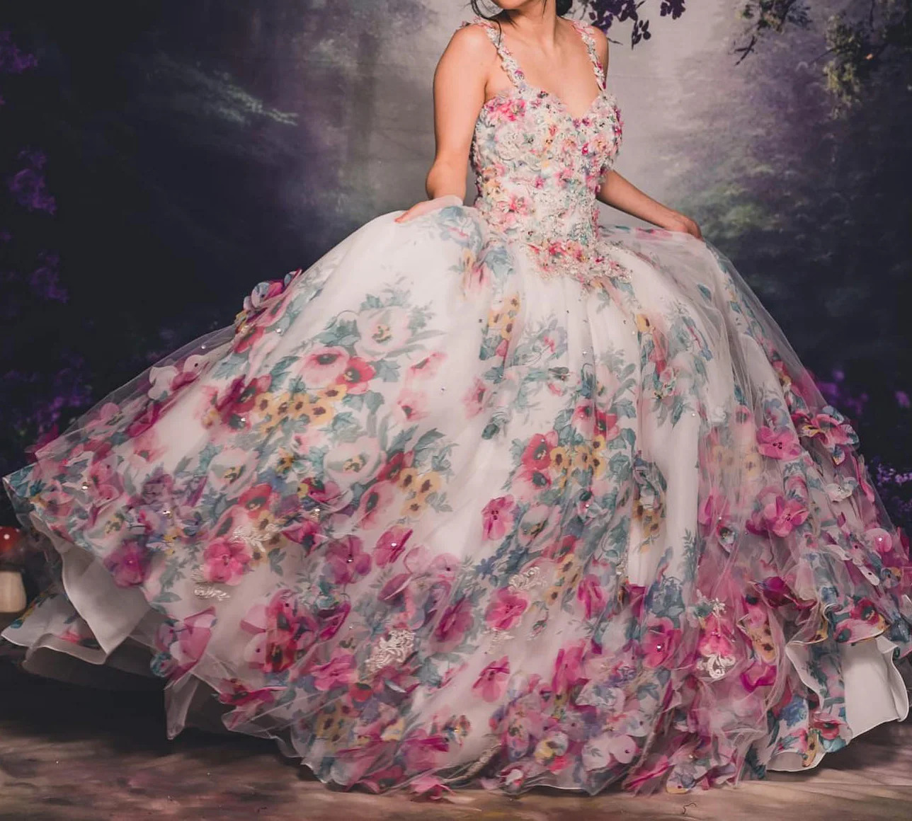 Customized Floral Print 3D Flowers Quinceanera Dress Sweetheart Neckline with Straps Vintage Ball Gown