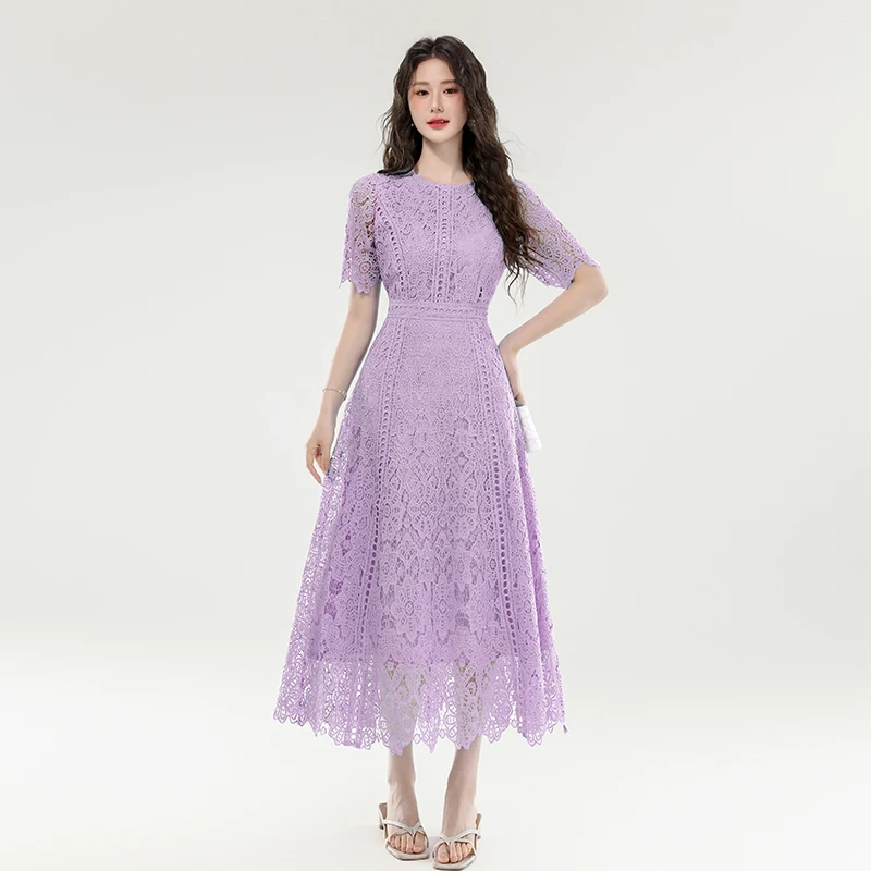 

Vintage Holiday Sexy Hollow Out Lace Dress For Women Summer Slim Elegant Short Sleeve Long Dress Vestidos Female Clothing