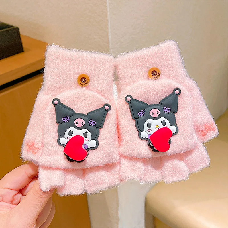 Sanrio Melodie warme Handschuhe neue Kinder handschuhe Jungen und Mädchen Winter klasse Halb finger Flip Cartoon Schule schreiben warme Handschuhe