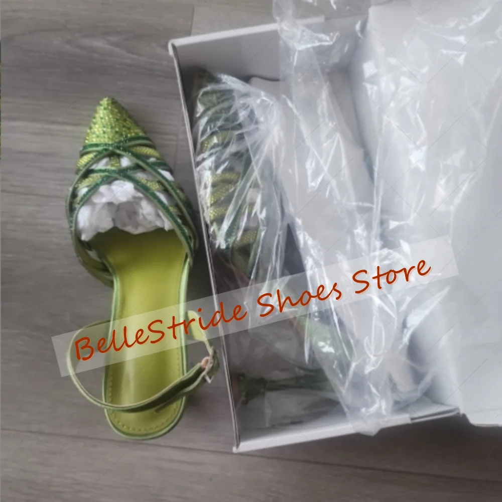 صنادل بحزام متقاطع من الكريستال الأخضر بمقدمة مدببة أحذية نسائية مفرغة بكعب عالي رفيع للحفلات والولائم والمواعدة 2025 Zapatos Para Muje