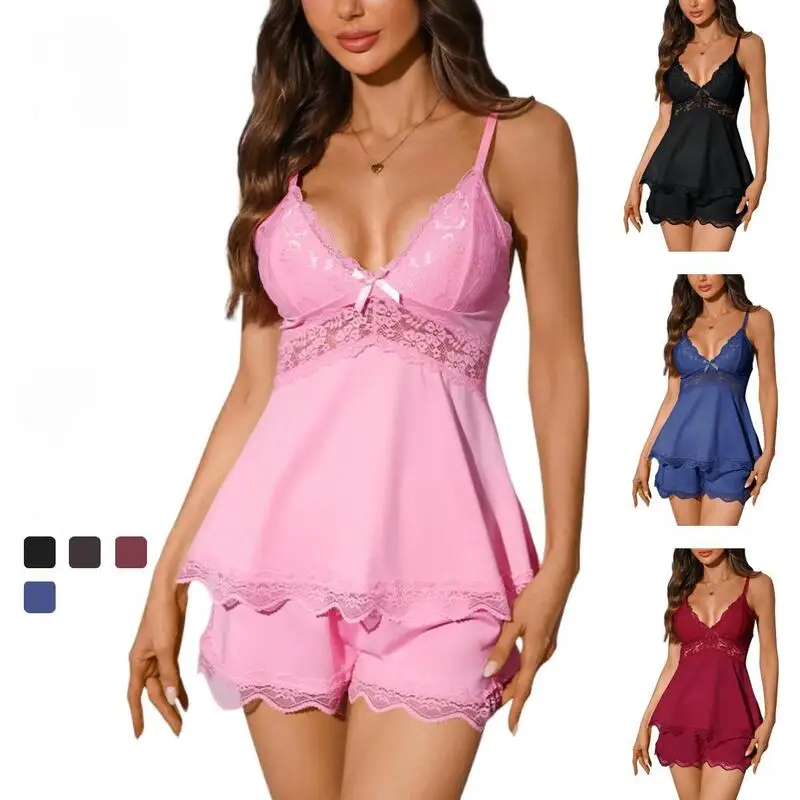 

Women's Sexy Leopard Pajamas Set Lace Sleeveless Top and Shorts 2 Piece Sleepwear Casual Loungewear for Women