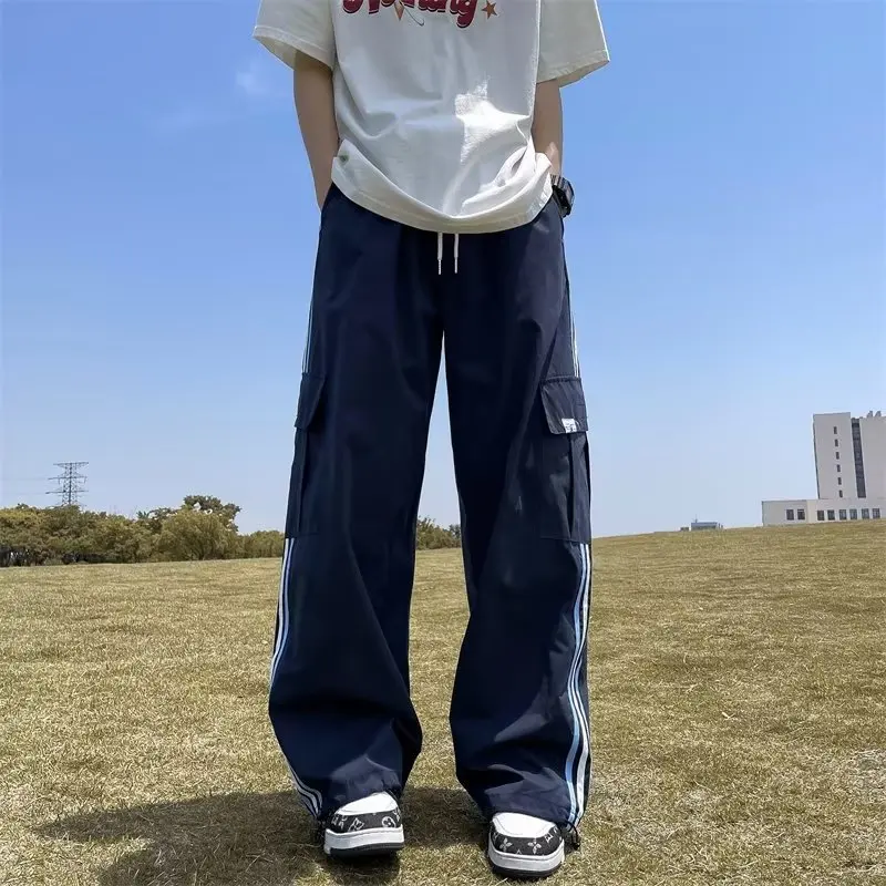 Men's Dark Blue Hip Hop Pants High Street American Style Loose Retro Overalls Couple Side Stripes Straight-Leg Pants boy