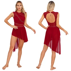 Womens Figure Ice Skating Dress Lyrical Dance Performance Ballet Gymnastics Leotard Sleeveless Shiny Rhinestone Mesh Dancewear