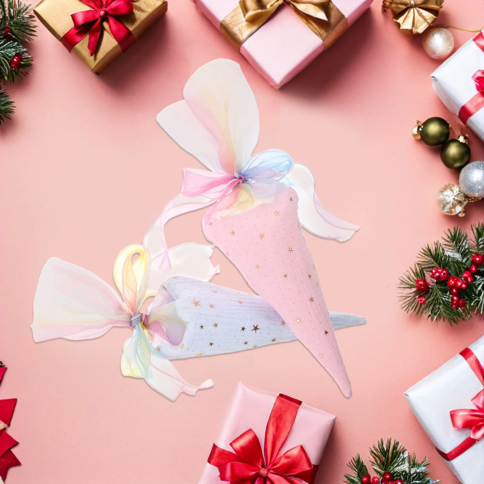 

2pcs Reusable Cone Treat Bags For Christmas Halloween Star Pattern Fabric Gift Pouches Party Favor Snack Bags For School