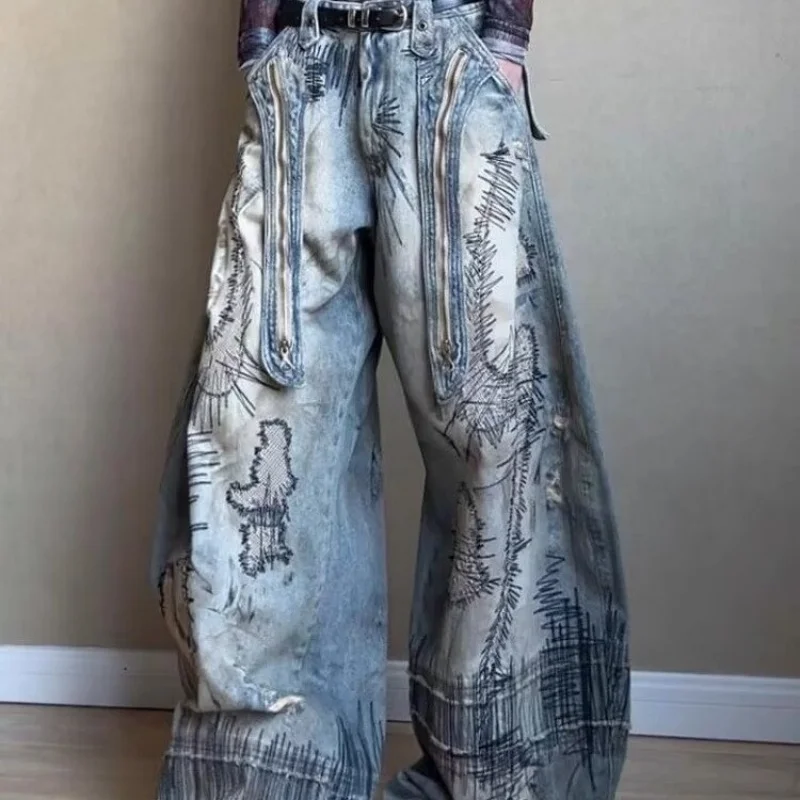 Grote maat Amerikaanse straat retro gewassen noodlijdende gebogen mes jeans wijde pijpen denim losse sikkelbroek Y2k baggy jeans vrouw