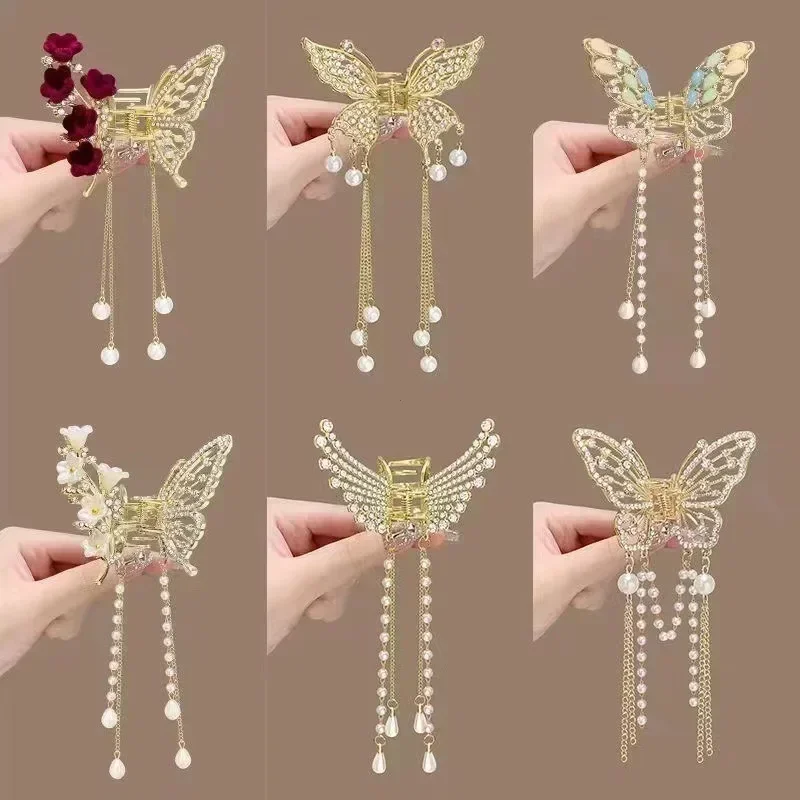 Retro Hollow Butterfly Tassel Hairpin Korean Girl Rhinestone Ponytail Hair Grabber Elegant Pearl Hair Accessories for Women