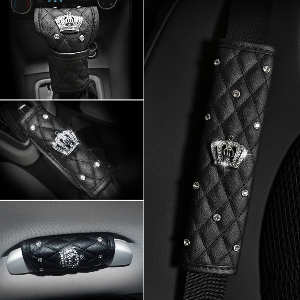 Fashion Crystal Crown Leather Car Gear Cover Auto Hand Brake Cover Shifter Gear Knob Cover Styling Car Interior Accessories