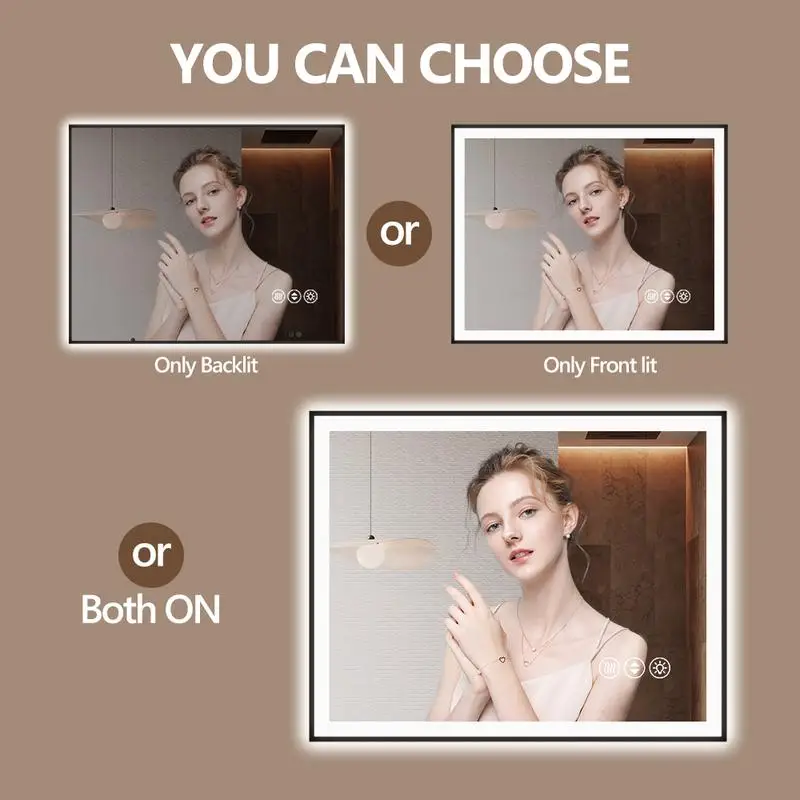 Bezramowe lustro łazienkowe LED o wymiarach 48x40 cali z dotykowym sterowaniem i funkcją zapobiegania parowaniu