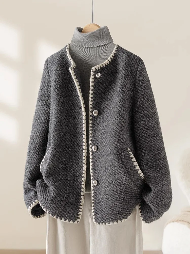 

Retro Small-fragrance Gray Wool-blend Short Coat Elegant Luxury Spliced Pocket Top Women's Korean Trendy Office Outerwear Winter