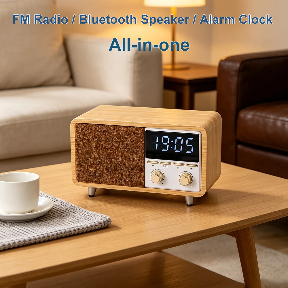 Vintage Wood Grain Clock Radio Bluetooth Speaker, Dual Alarm Wireless Audio TF USB FM AUX Subwoofer Mini Bedside Decor Soundbox